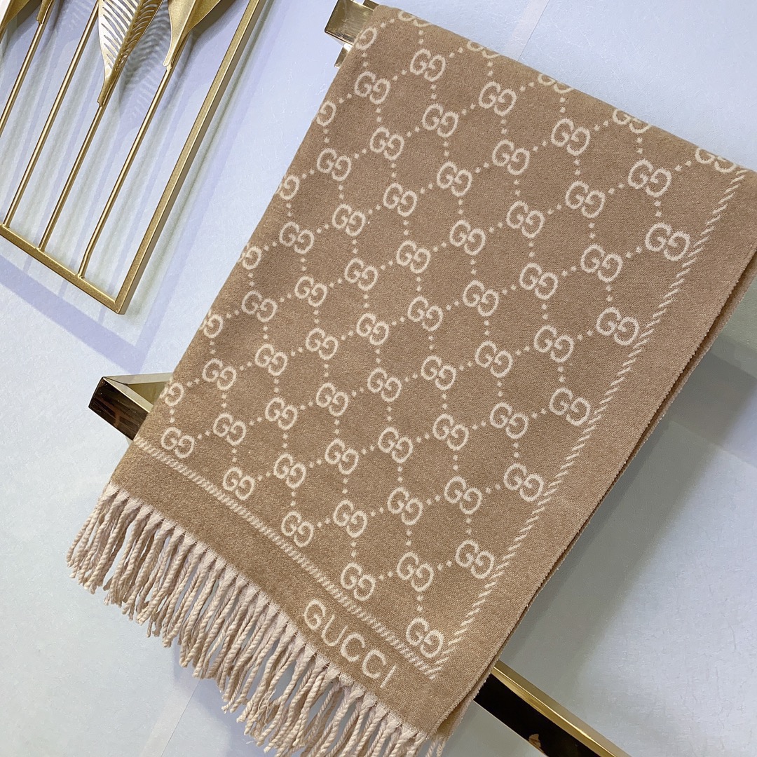 G*u*i unisex gg jacquard knitted scarf light brown fringe edges
