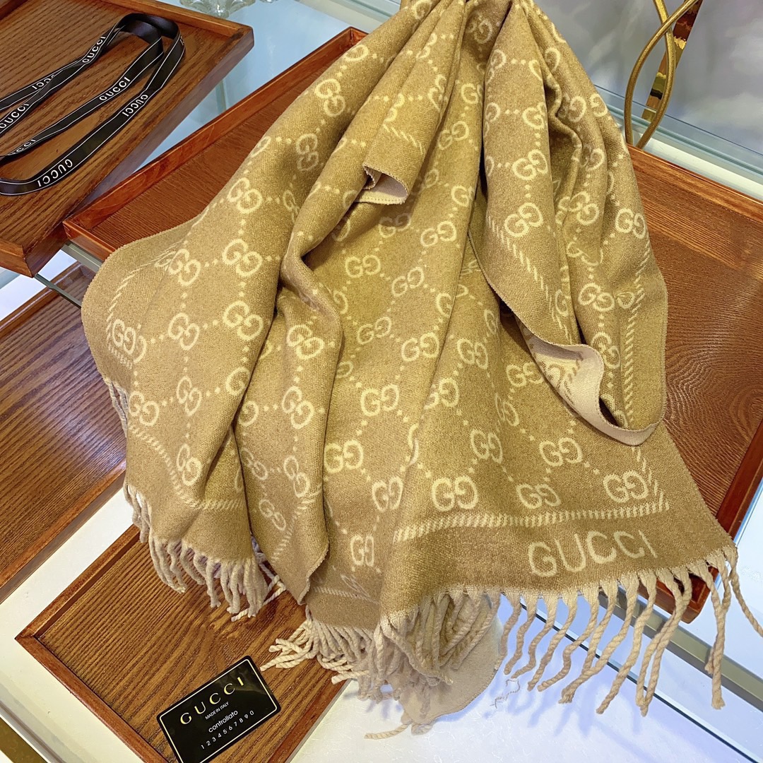 G*u*i unisex gg jacquard knitted scarf light brown fringe edges