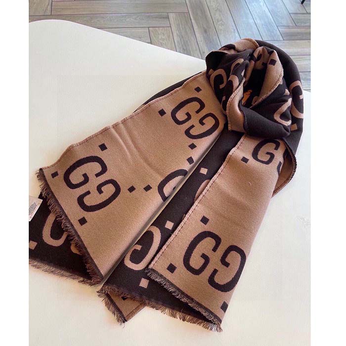 G*u*i unisex gg jacquard wool silk scarf brown beige gg jacquard wool silk