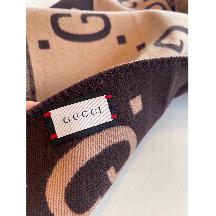 G*u*i unisex gg jacquard wool silk scarf brown beige gg jacquard wool silk