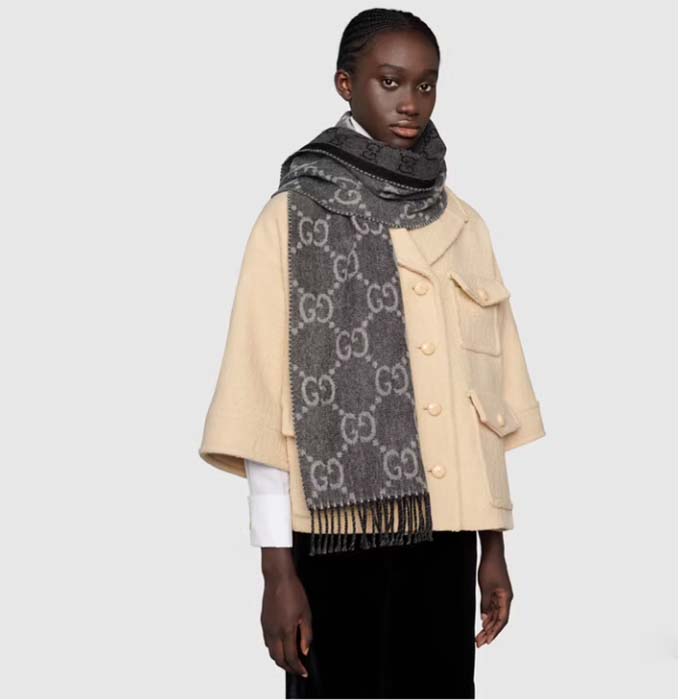 G*u*i unisex gg jcquard pattern knit scarf tassels grey wool light grey gg