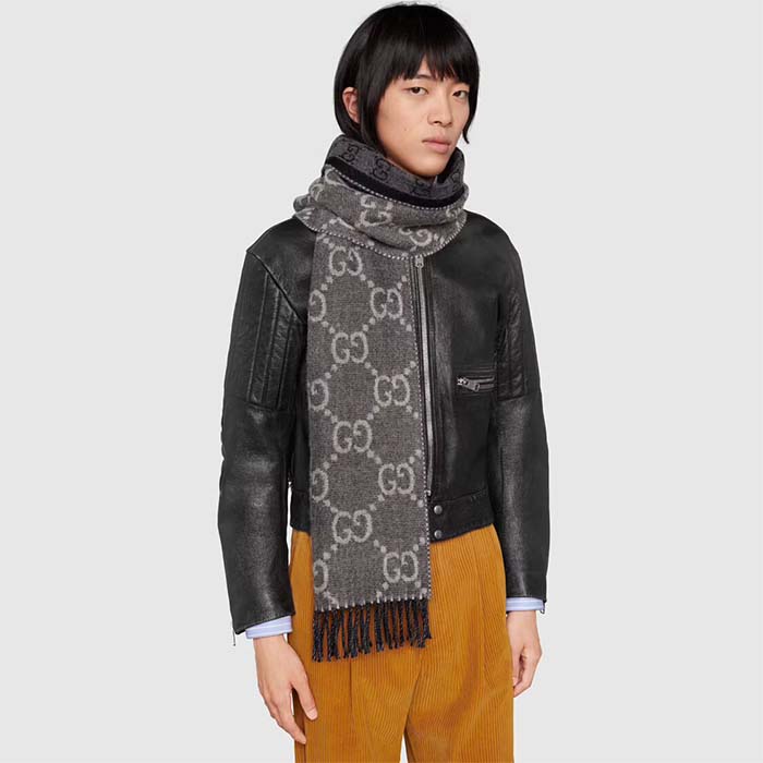 G*u*i unisex gg jcquard pattern knit scarf tassels grey wool light grey gg