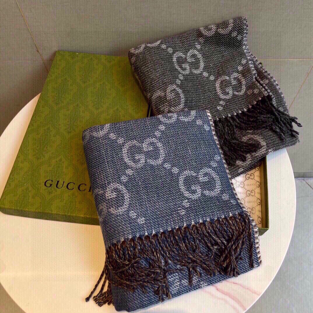 G*u*i unisex gg jcquard pattern knit scarf tassels grey wool light grey gg