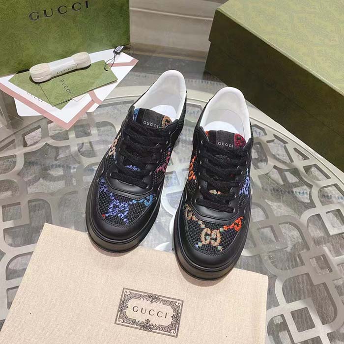 G*u*i unisex gg sneaker black leather multicolor gg fabric mid heel 5.6 cm heel