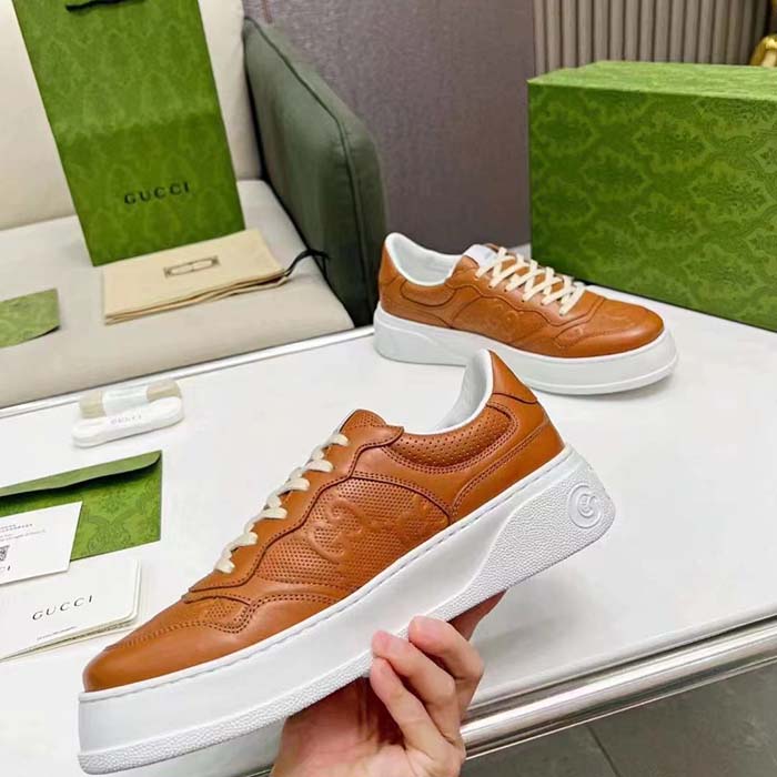 G*u*i unisex gg sneaker interlocking g brown perforated leather rubber mid 5.6 cm heel