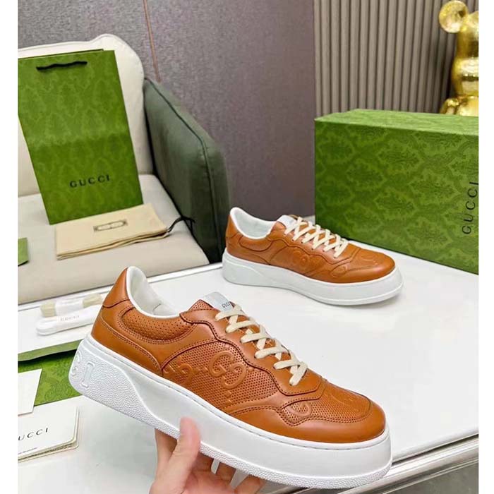 G*u*i unisex gg sneaker interlocking g brown perforated leather rubber mid 5.6 cm heel