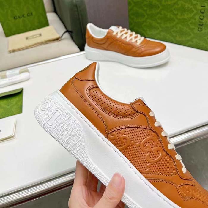 G*u*i unisex gg sneaker interlocking g brown perforated leather rubber mid 5.6 cm heel