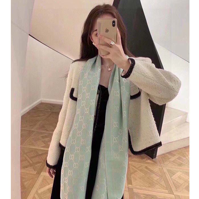 G*u*i unisex gg wool scarf beige mini gg wool turquoise tassel detail