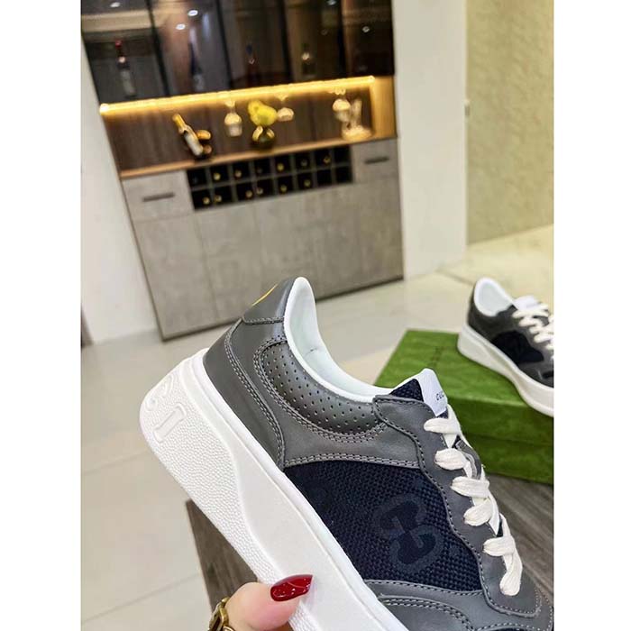 G*u*i unisex lace-up sneaker grey leather blue black gg canvas mid 5.6 cm heel