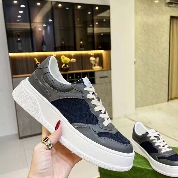 G*u*i unisex lace-up sneaker grey leather blue black gg canvas mid 5.6 cm heel