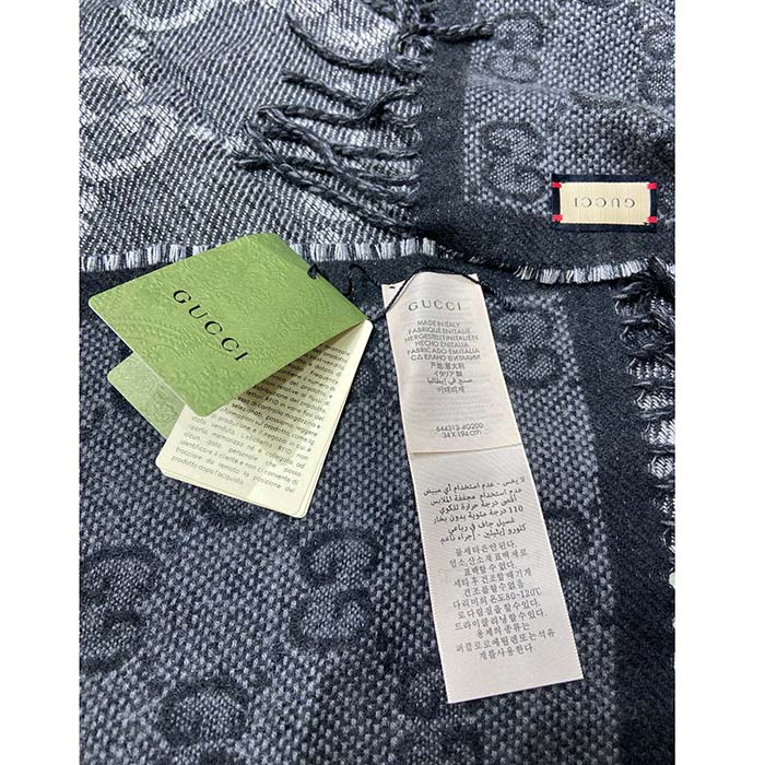 G*u*i unisex gg jcquard pattern knit scarf tassels grey wool light grey gg
