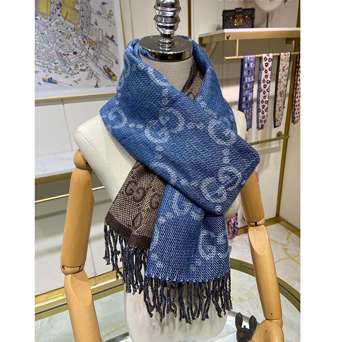 G*u*i unisex original gg jacquard knit scarf tassels navy light brown organic wool