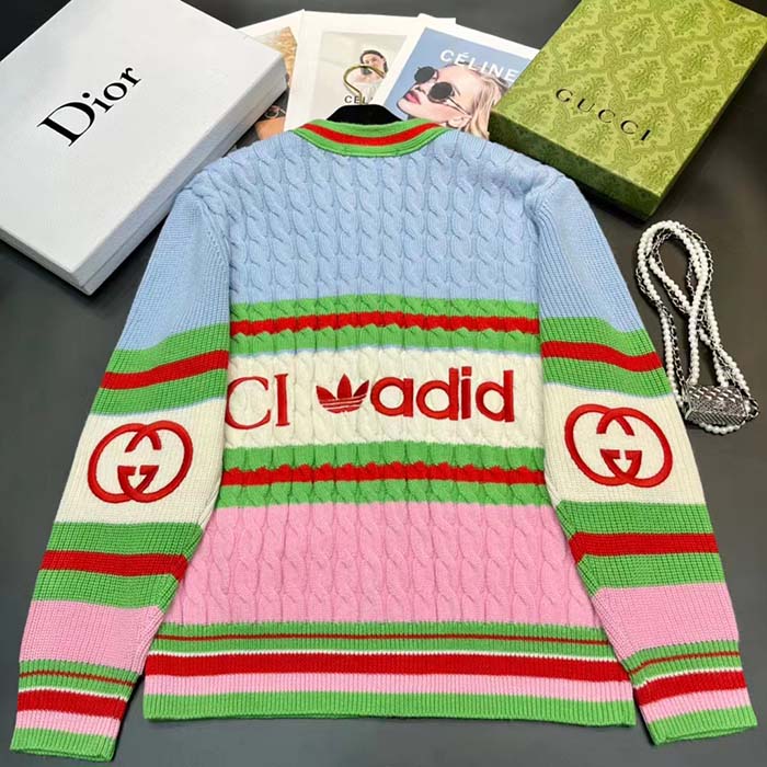 G*u*i men gg adidas x G*u*i wool cardigan pink blue cable stitch v-neck