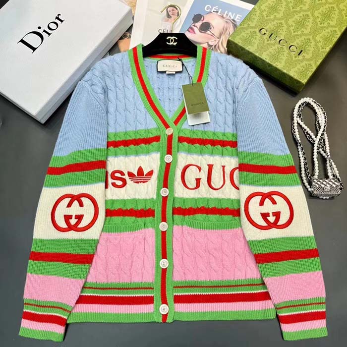 G*u*i men gg adidas x G*u*i wool cardigan pink blue cable stitch v-neck