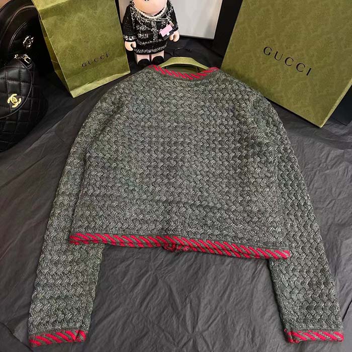G*u*i women gg cable knit wool jacket dark green collarless wool cotton