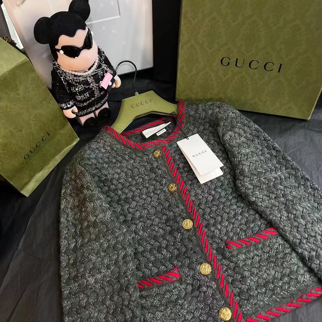G*u*i women gg cable knit wool jacket dark green collarless wool cotton