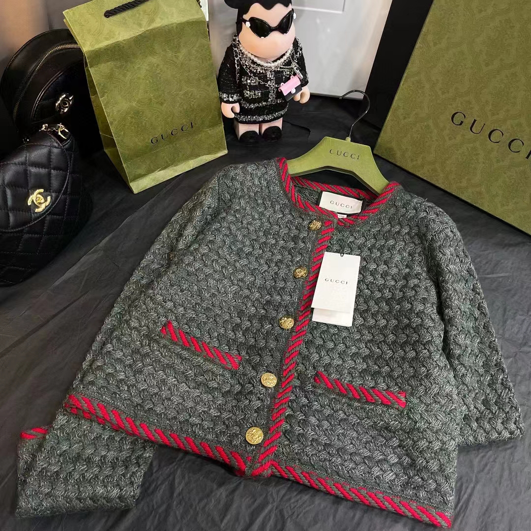 G*u*i women gg cable knit wool jacket dark green collarless wool cotton
