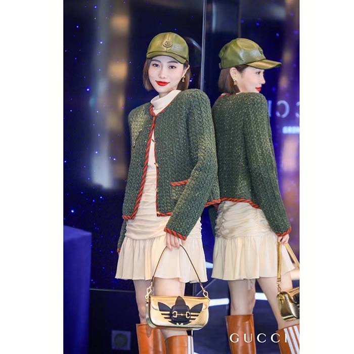 G*u*i women gg cable knit wool jacket dark green collarless wool cotton