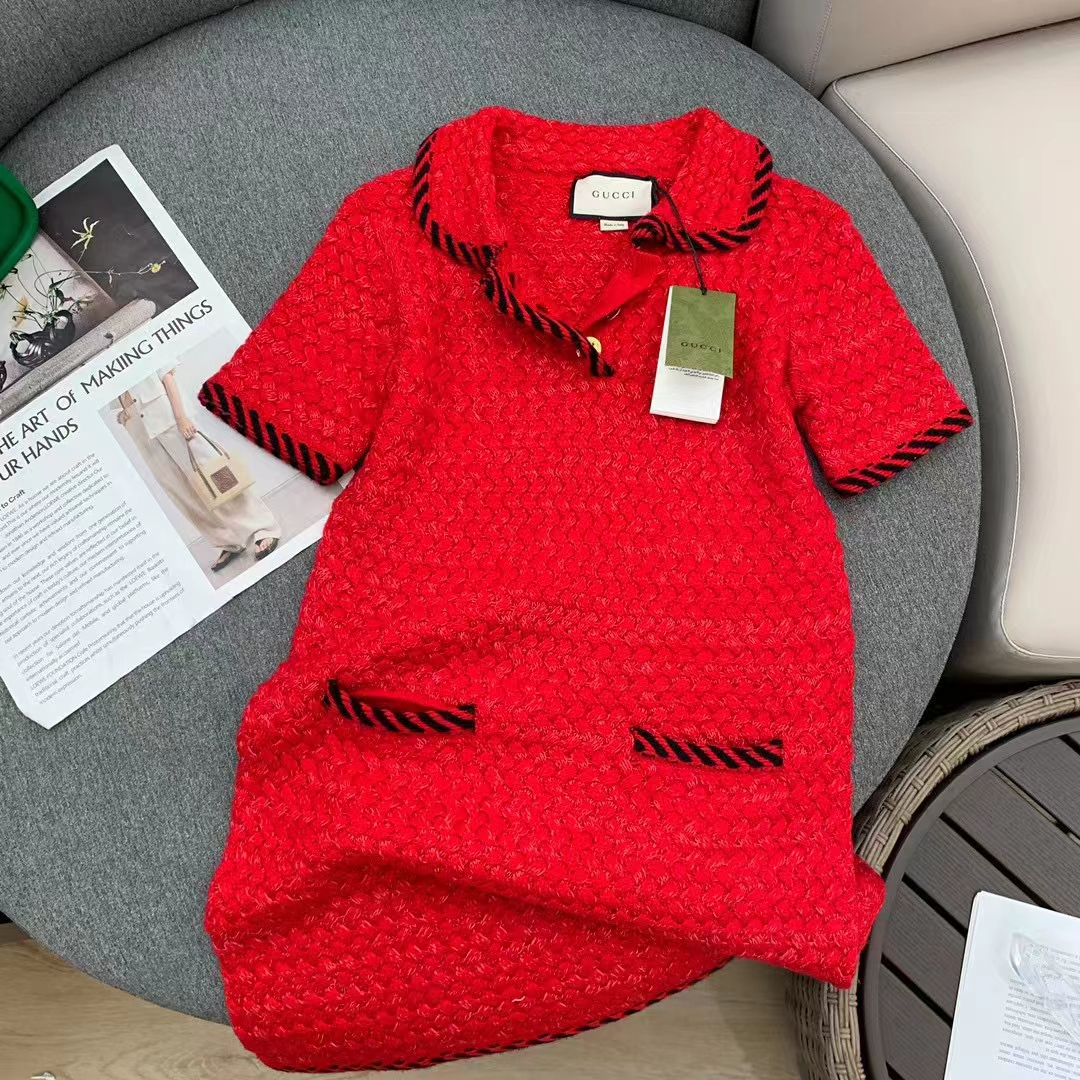 G*u*i women gg cable stitch wool dress red polo collar short sleeves