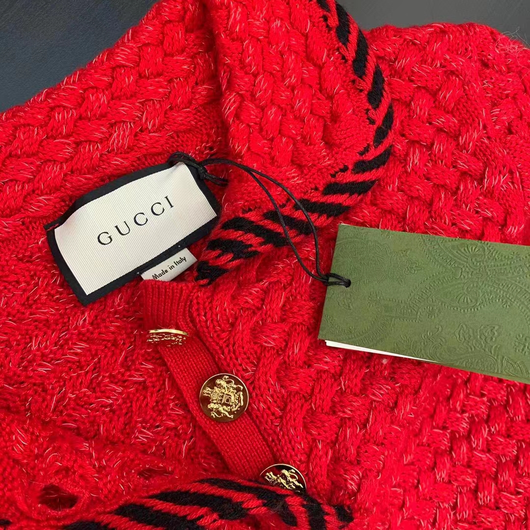 G*u*i women gg cable stitch wool dress red polo collar short sleeves
