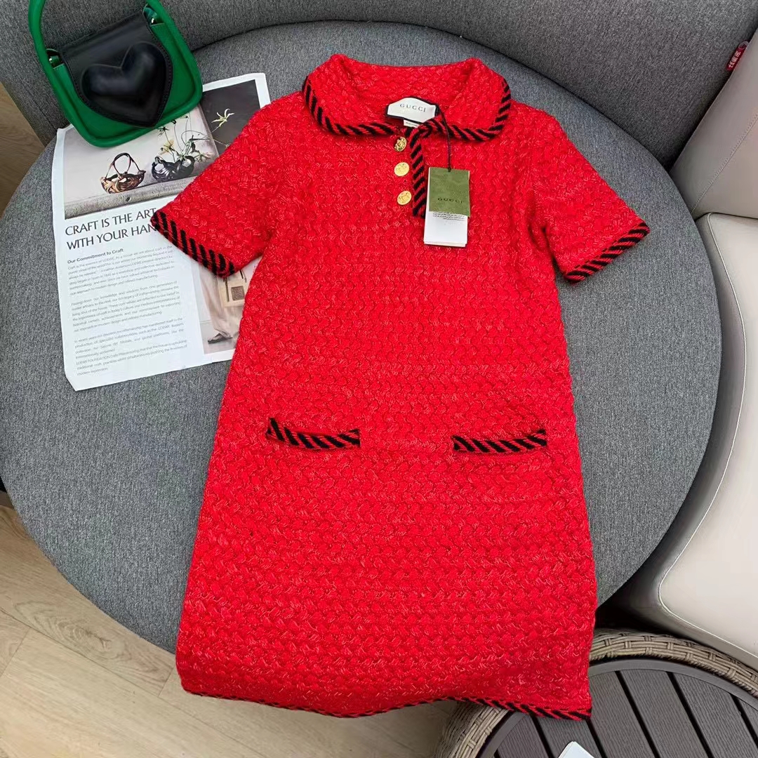 G*u*i women gg cable stitch wool dress red polo collar short sleeves