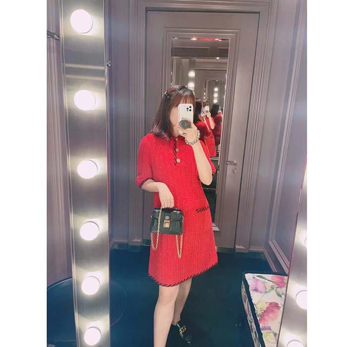 G*u*i women gg cable stitch wool dress red polo collar short sleeves