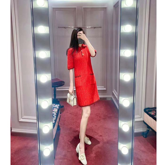 G*u*i women gg cable stitch wool dress red polo collar short sleeves