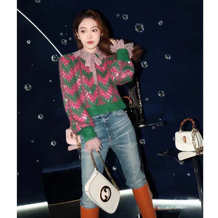 G*u*i women gg chevron wool sequin sweater crewneck mohair polyamide puffed sleeves