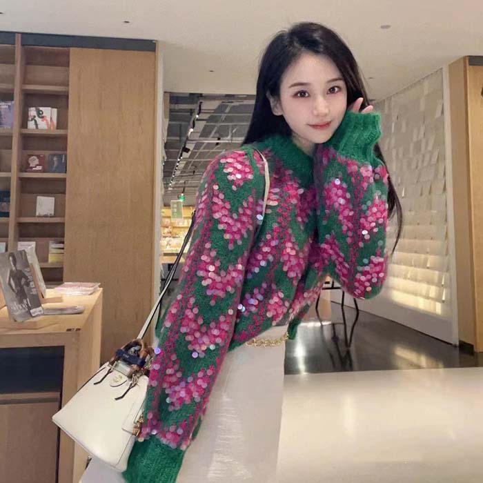 G*u*i women gg chevron wool sequin sweater crewneck mohair polyamide puffed sleeves