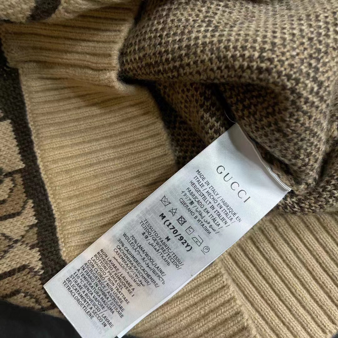 G*u*i women gg horsebit cashmere jacquard sweater camel brown wool crewneck
