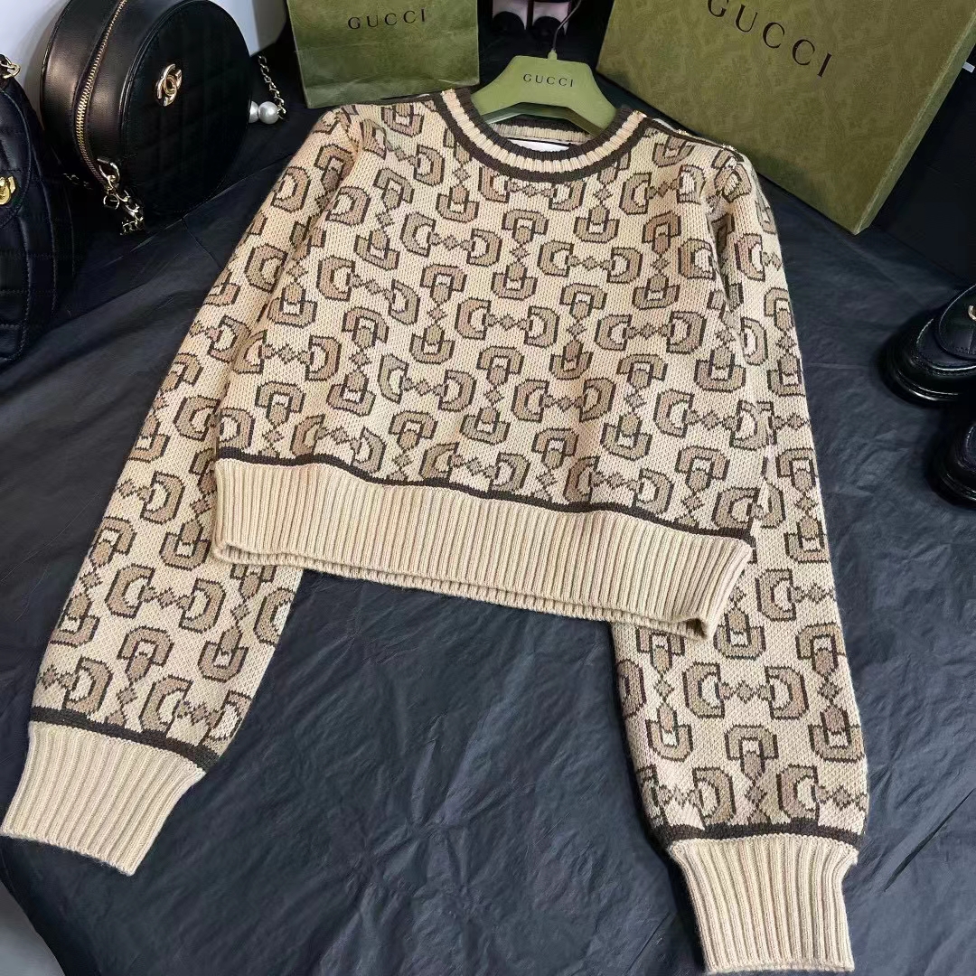 G*u*i women gg horsebit cashmere jacquard sweater camel brown wool crewneck