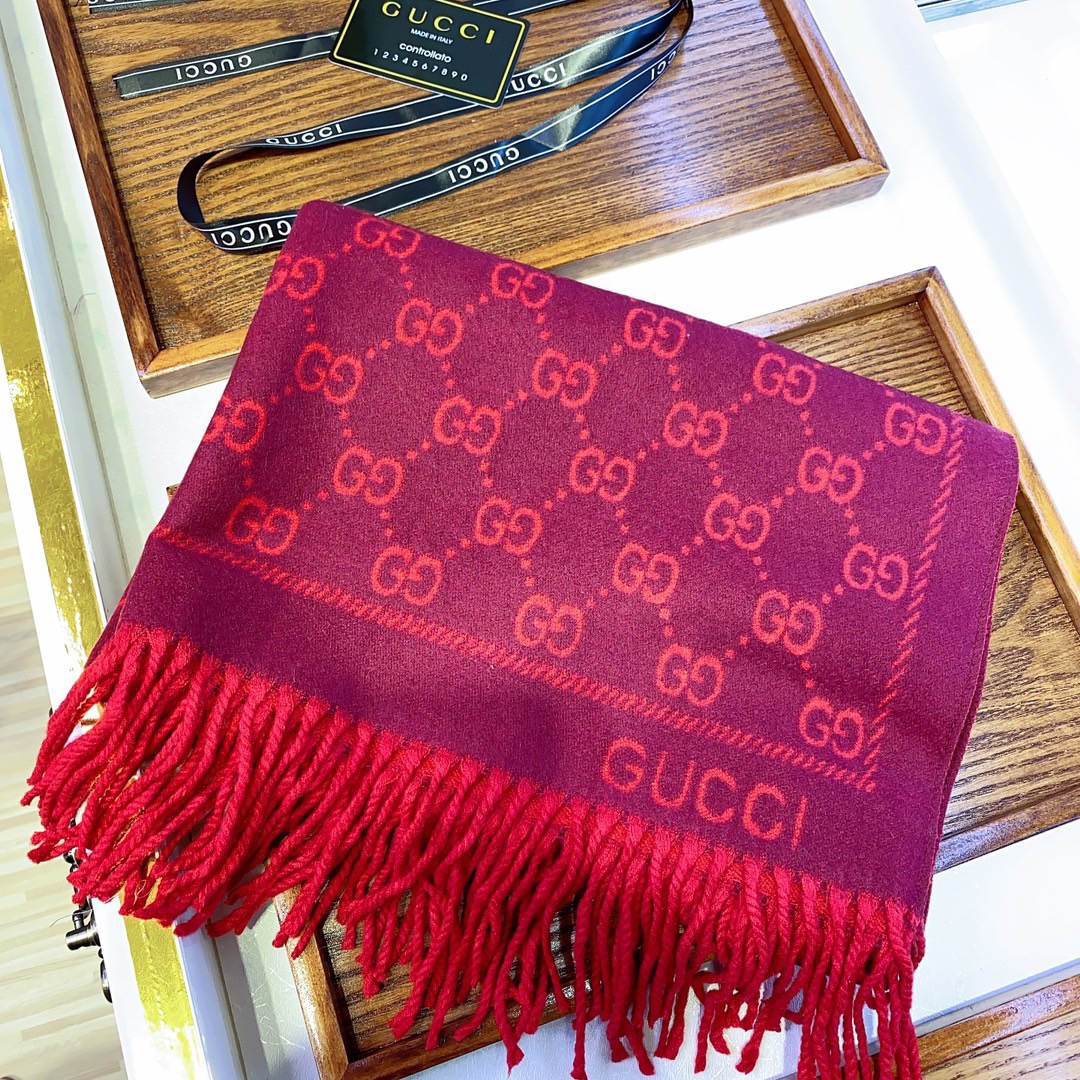 G*u*i women gg jacquard pattern knitted scarf magenta bordeaux gg wool