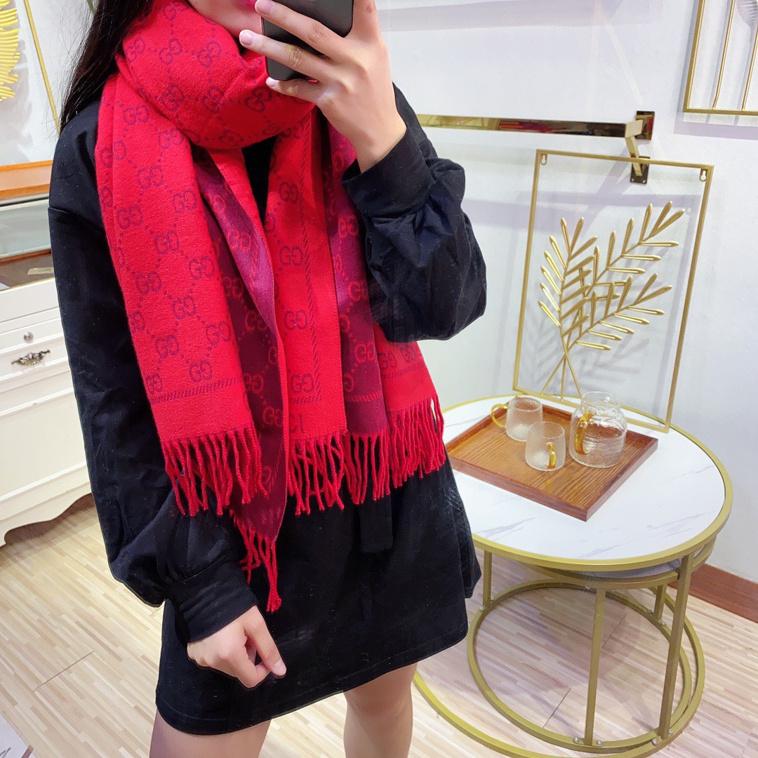 G*u*i women gg jacquard pattern knitted scarf magenta bordeaux gg wool