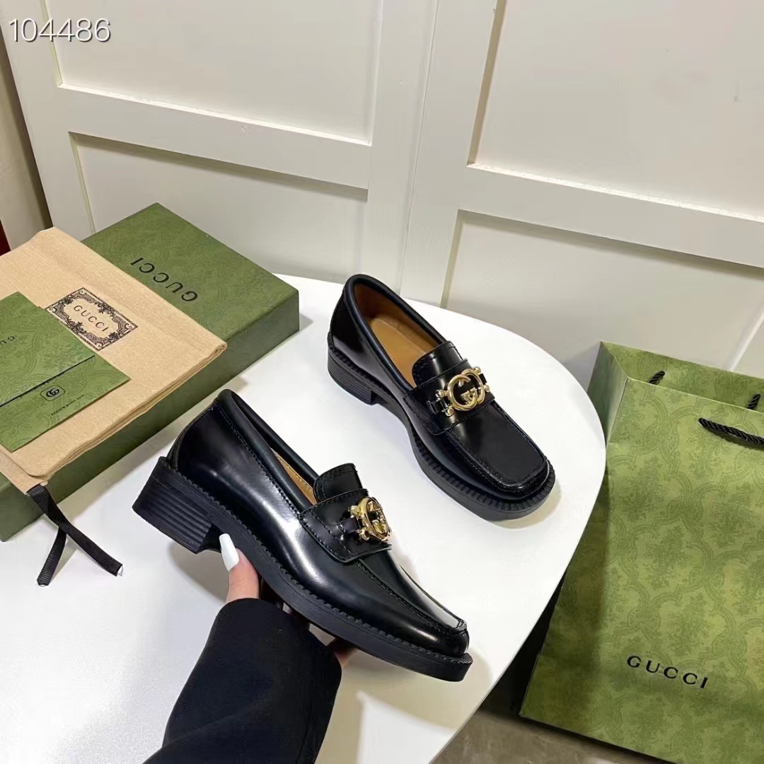 G*u*i women gg loafer interlocking g shiny black leather low 2.5 cm heel