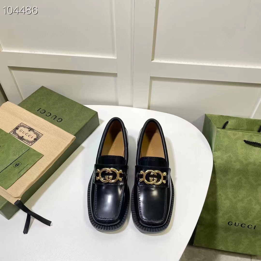 G*u*i women gg loafer interlocking g shiny black leather low 2.5 cm heel