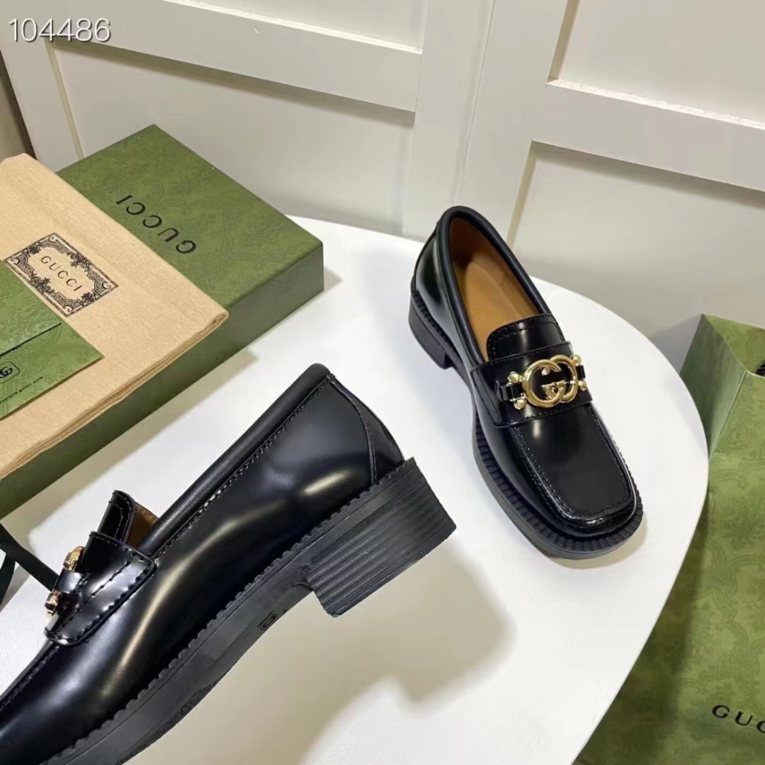 G*u*i women gg loafer interlocking g shiny black leather low 2.5 cm heel