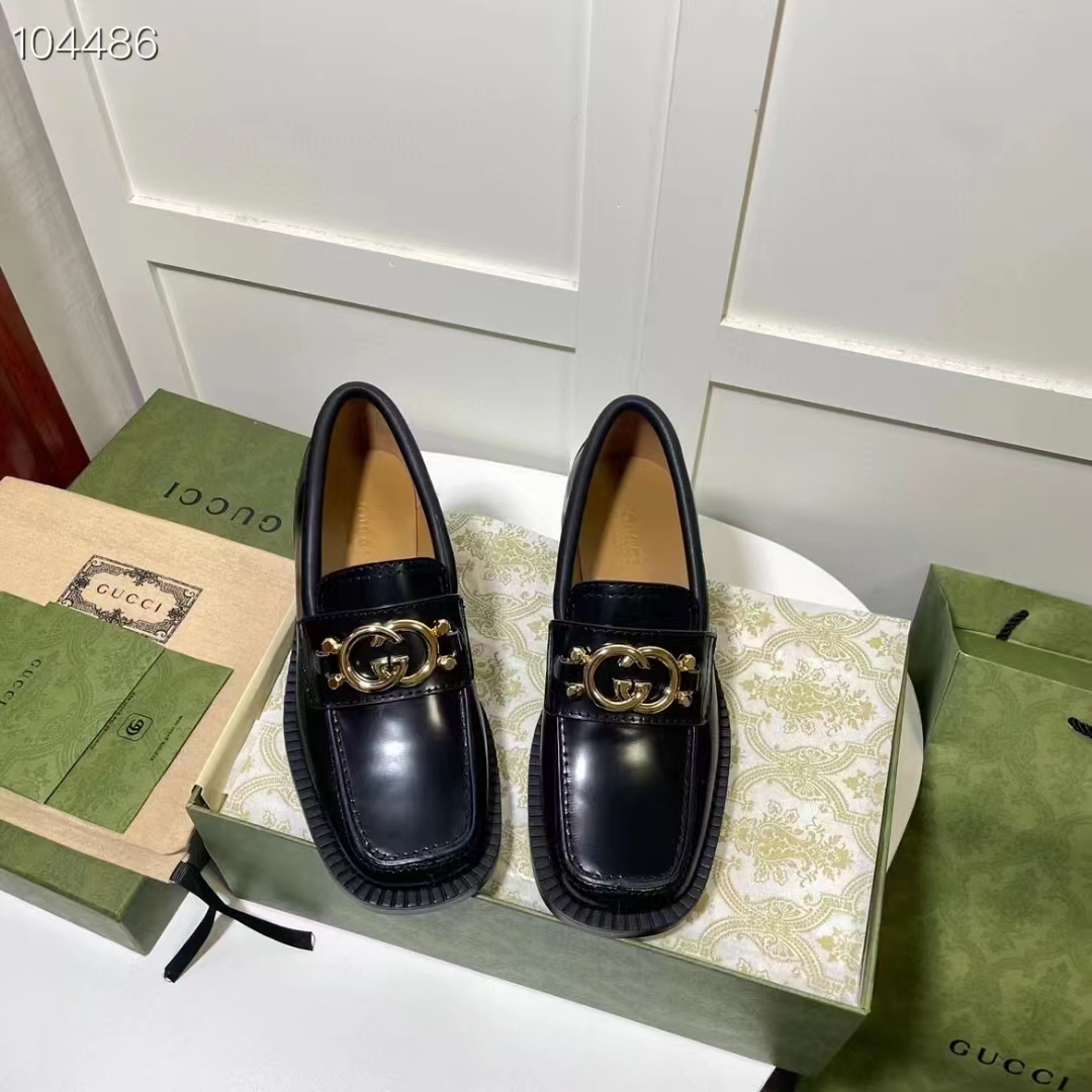 G*u*i women gg loafer interlocking g shiny black leather low 2.5 cm heel