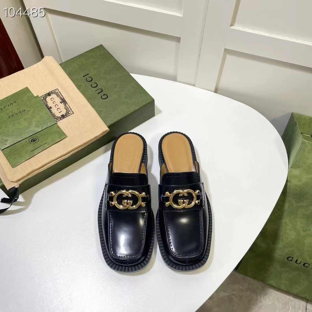 G*u*i women gg slipper interlocking g black leather low 2.5 cm heel