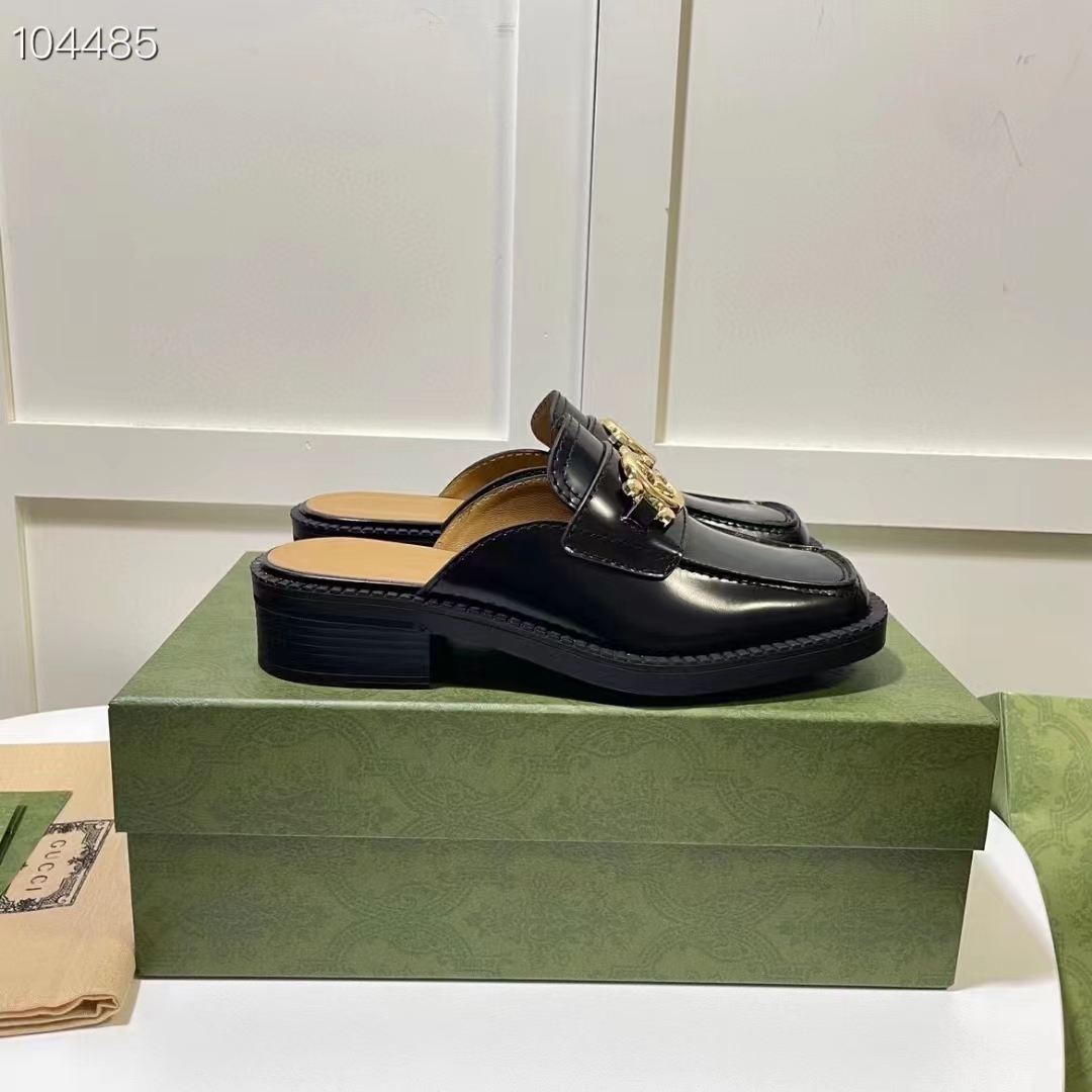 G*u*i women gg slipper interlocking g black leather low 2.5 cm heel