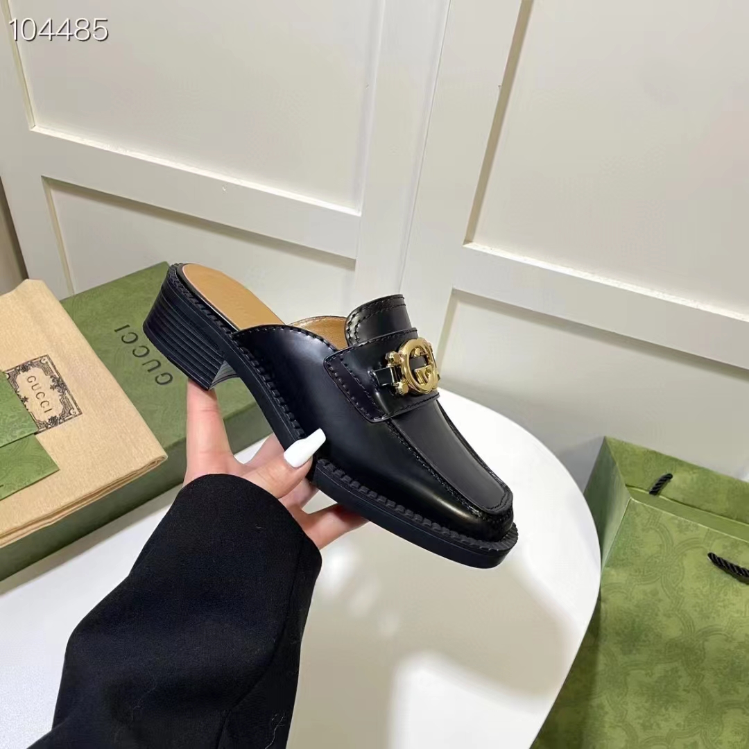 G*u*i women gg slipper interlocking g black leather low 2.5 cm heel
