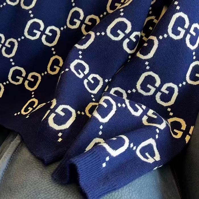 G*u*i women gg wool jacquard sweater blue ivory long sleeves crewneck
