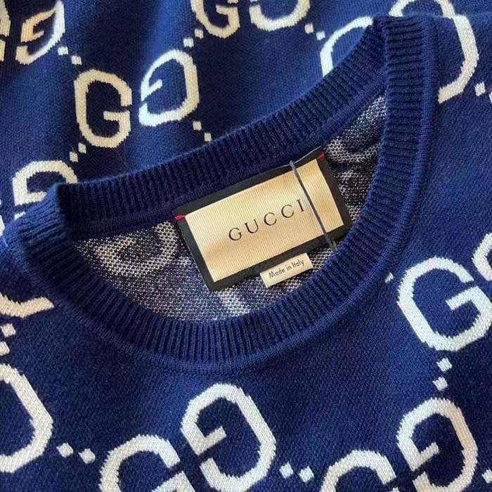 G*u*i women gg wool jacquard sweater blue ivory long sleeves crewneck