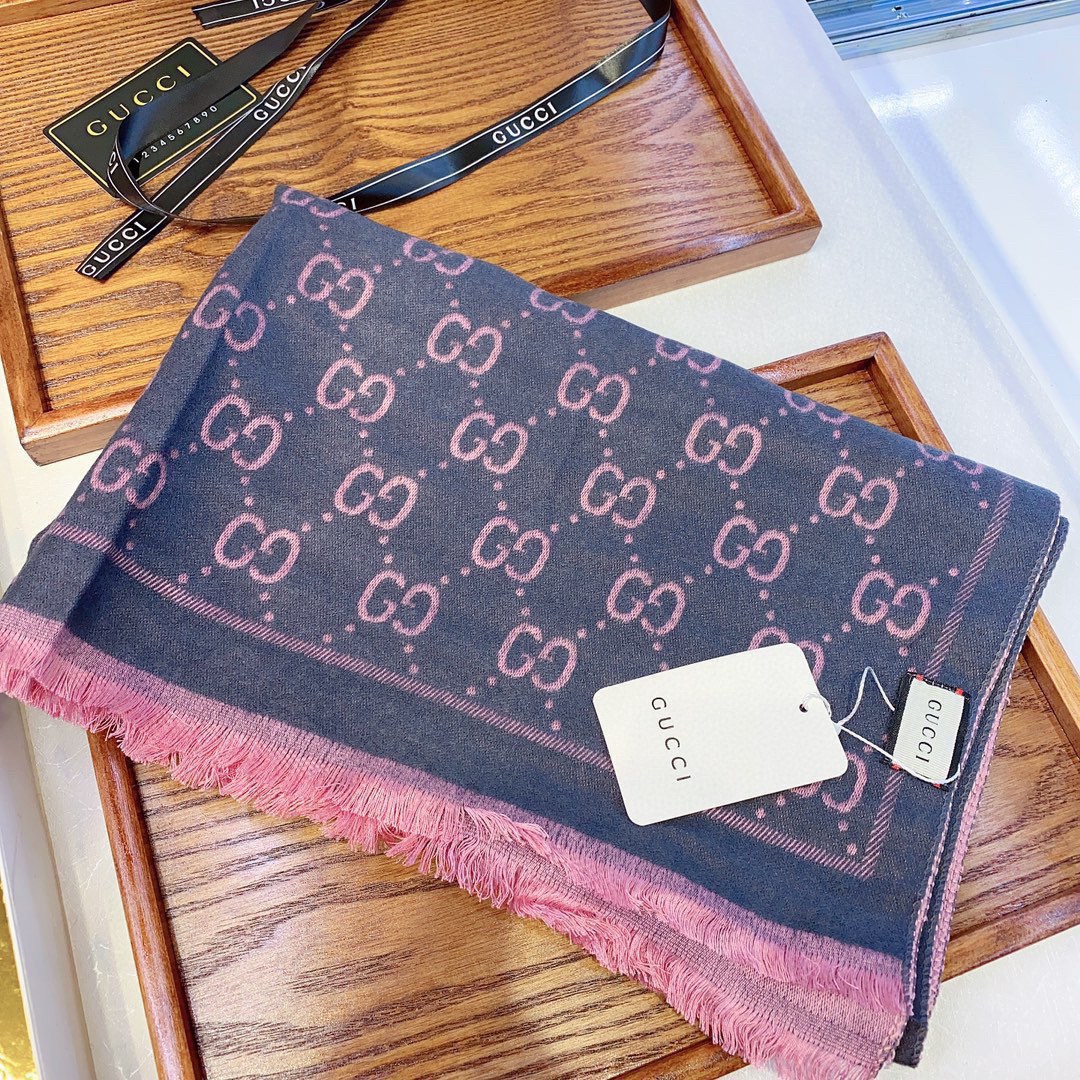 G*u*i women gg wool scarf graphite pink gg fringe edges