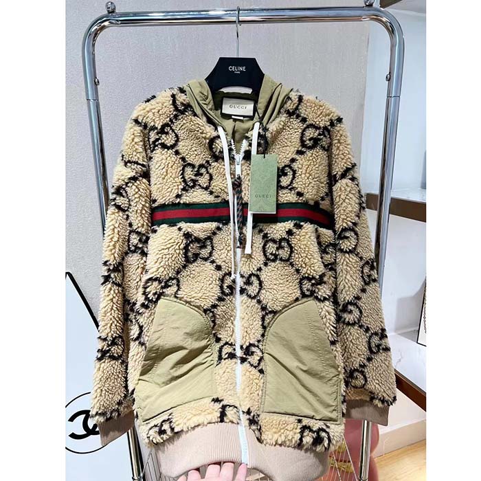 G*u*i women maxi gg wool jersey jacket beige black polyamide polyester