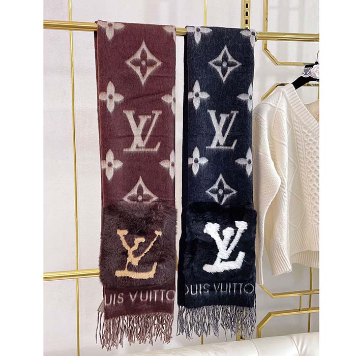 Louis Vuitton LV Unisex Cold Reykjavik Scarf Black Monogram Flowers Cashmere Pockets Mink Fur