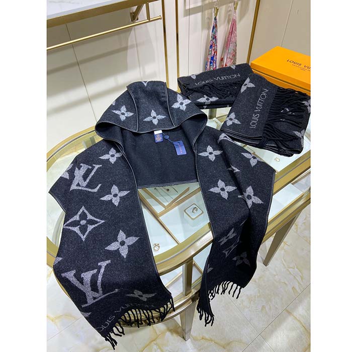 Louis Vuitton LV Unisex Fall For You Hood Scarf Grey Wool Cashmere Jacquard Monogram