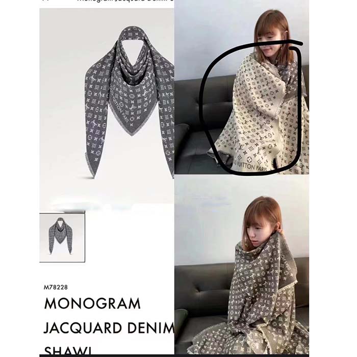 Louis Vuitton LV Unisex Monogram Jacquard Denim Shawl Gray Cotton Wool Silk