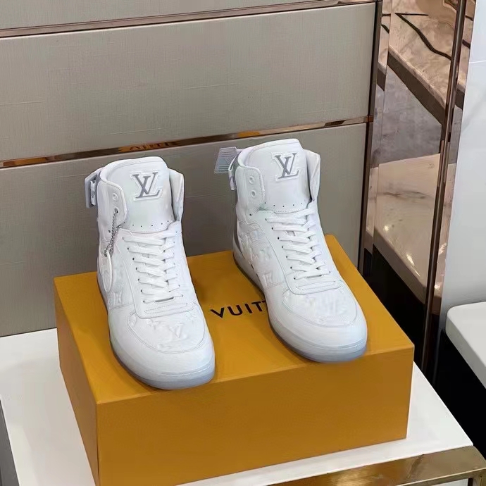 Louis Vuitton LV Unisex Rivoli Sneaker Boot Silver White Calf Leather Monogram Canvas