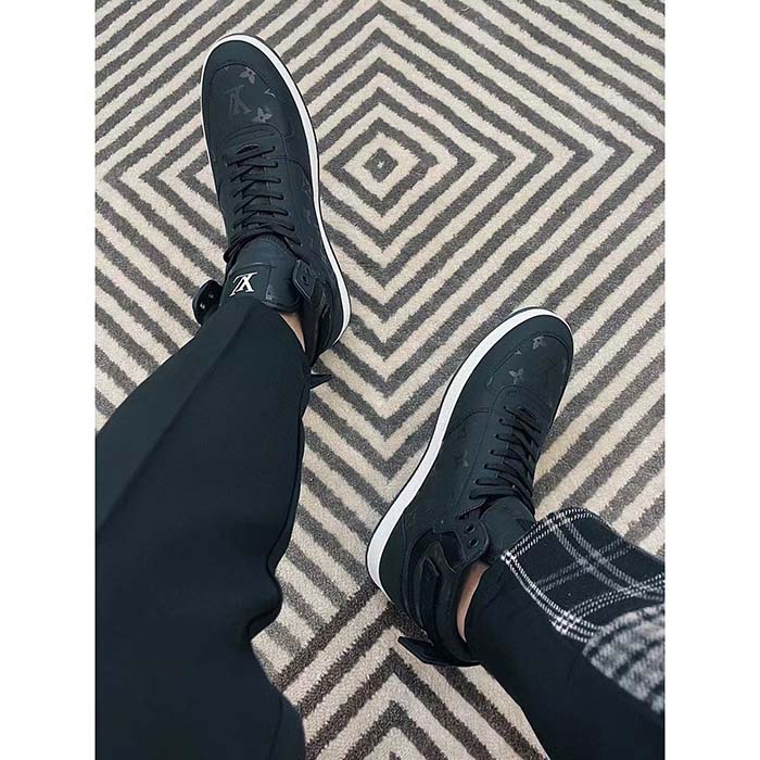 Louis Vuitton LV Unisex Rivoli Sneaker Boot Black Calf Leather Monogram Metallic Canvas