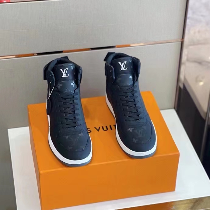 Louis Vuitton LV Unisex Rivoli Sneaker Boot Black Calf Leather Monogram Metallic Canvas